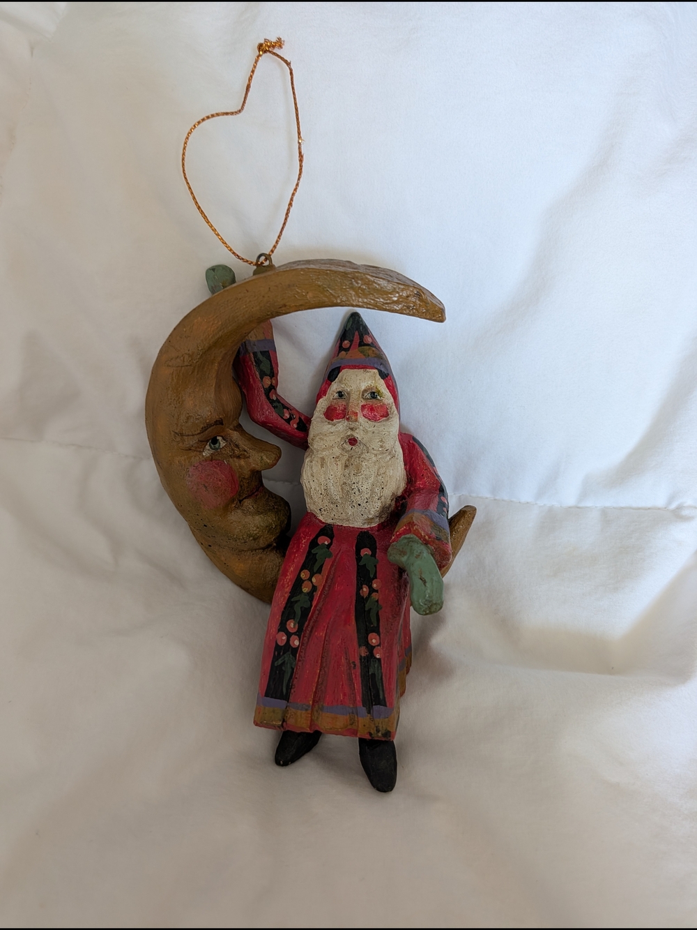 Vintage Hand-Painted Santa on Moon Holiday Ornament